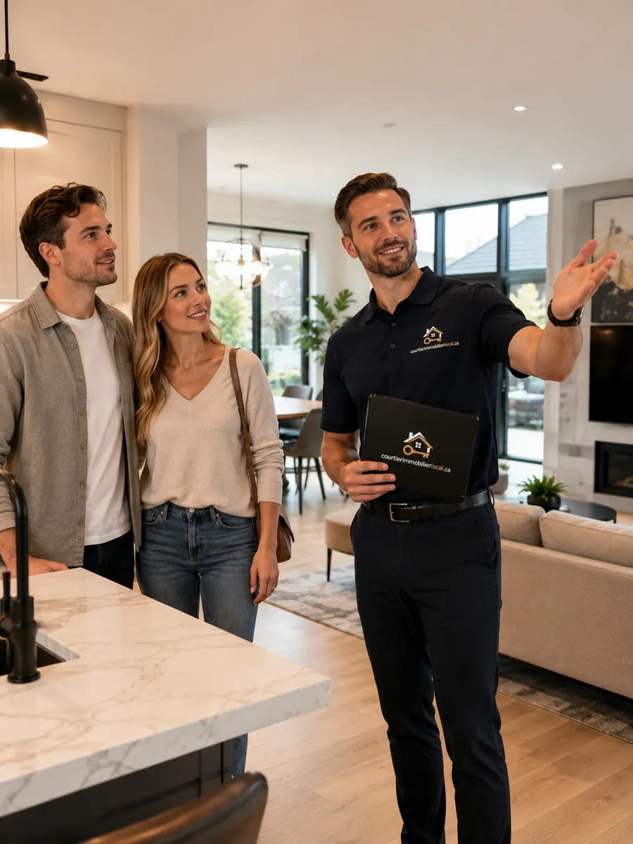 Courtier immobilier présentant une propriété à un couple