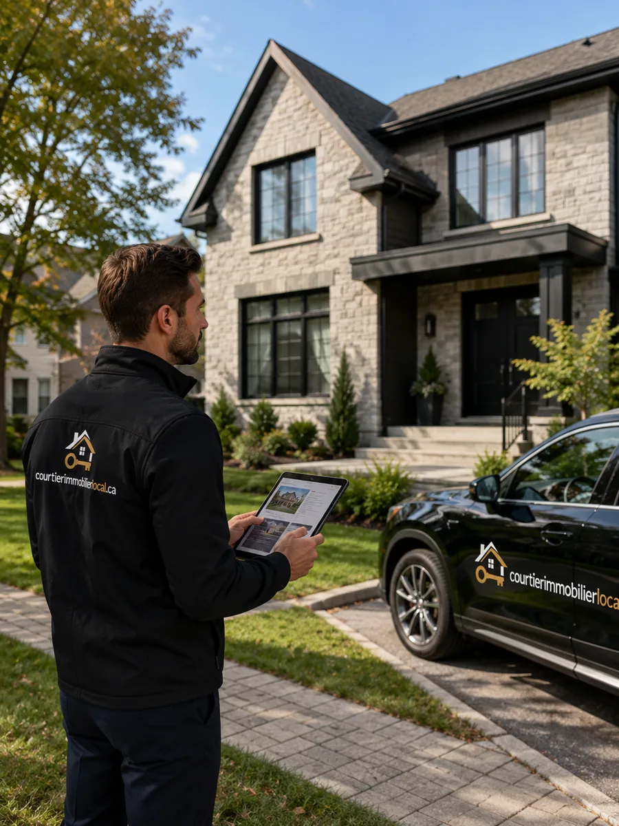 Courtier consultant une fiche devant une propriété